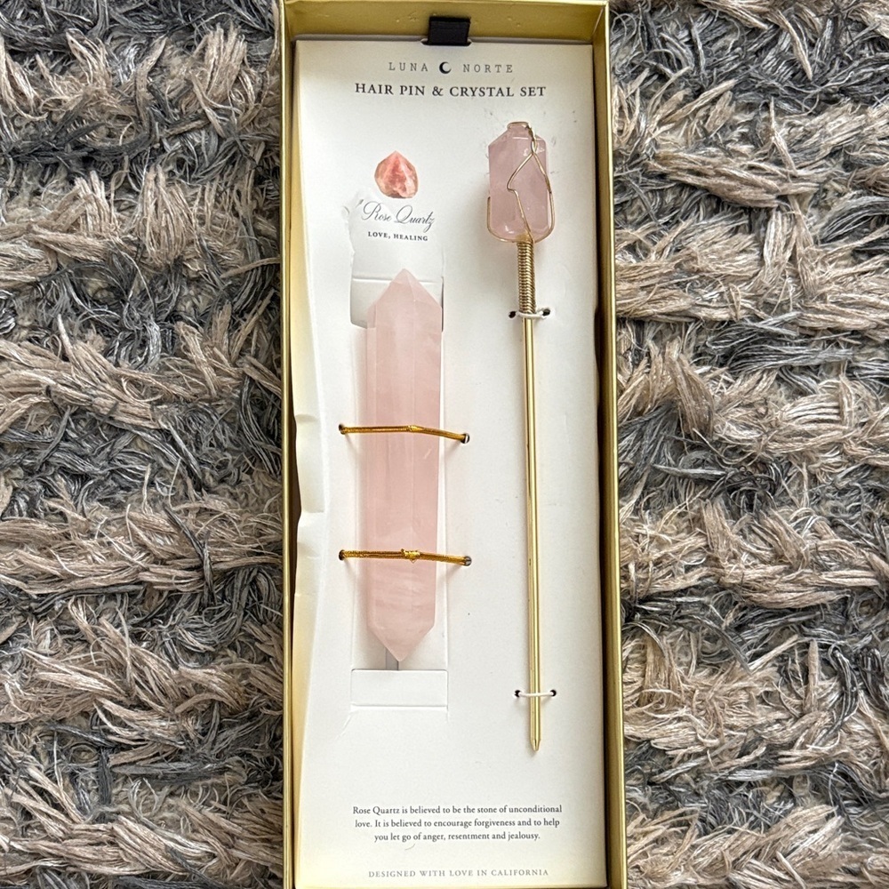 New Luna Norte Love & Healing Rose Quartz Hair Pin & Crystal Set, Gold Hardware